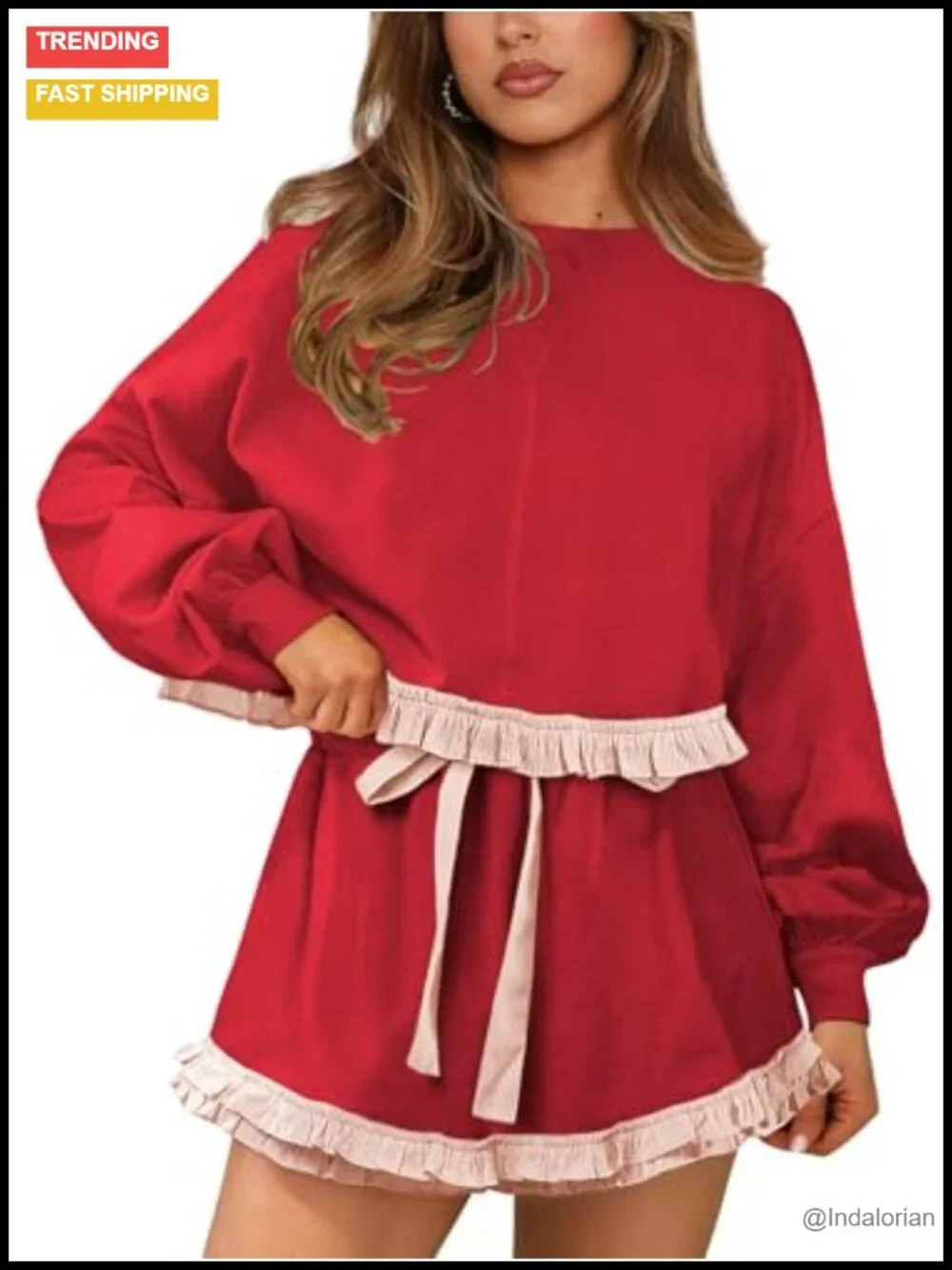 Women's 2 Piece Lounge Set Cropped Sweatshirt Ruffle Shorts Matching Outfit